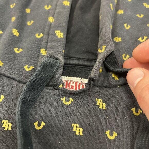 True Religion Mens Large Black Hoodie Sweater All Over Logo Print Pullover READ - Picture 3 of 7